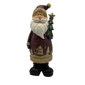 Rustic 12” Santa Figurine Brown‎ Coat Holding Tree Village Scene Christmas Decor